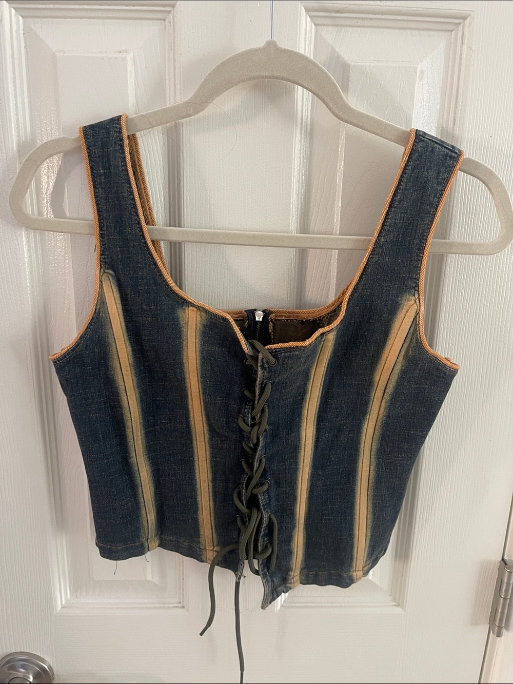 Striped Denim Lace-Up Corset Top - Blue & Tan